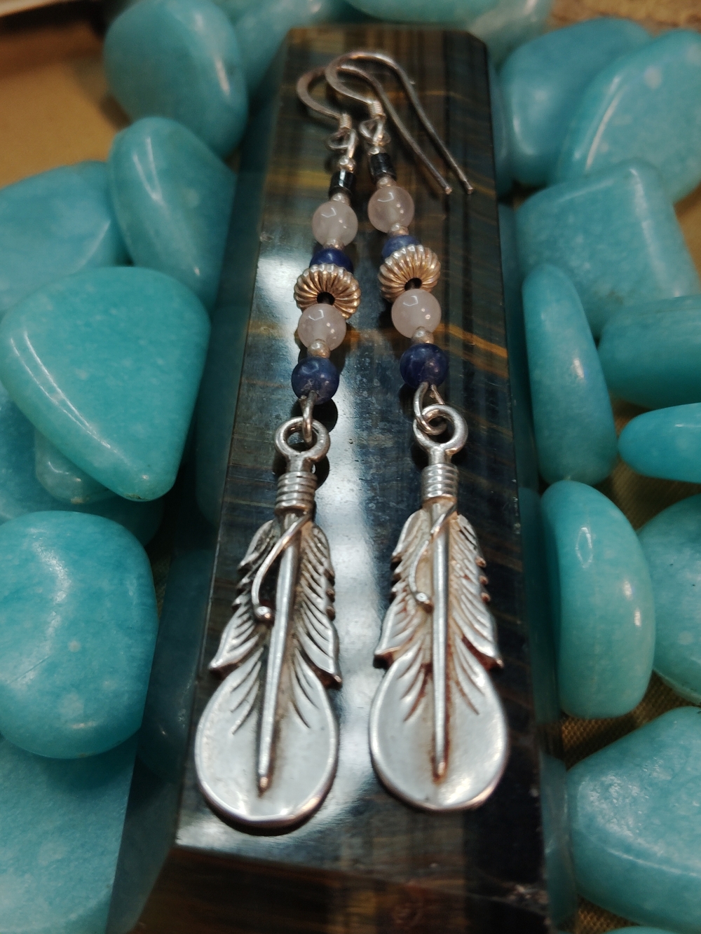 STERLING -FANCY 🪶 FEATHER 3" DANGLE-BLUE SODALITE, ROSE QUARTZ, EAR
